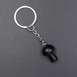 Obsidienne Porte-clés champignon obsidienne naturelle, avec les accessoires en fer, 7.5x2.5 cm