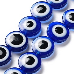 Bleu Foncé Brins de perles imitation résine au chalumeau, rond et plat avec des mauvais œil, bleu foncé, 20x9mm, Trou: 1.4mm, Environ 20 pcs/chapelet, 15.94 pouce (40.5 cm)