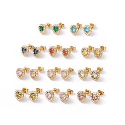Mixed Color Cubic Zirconia & Rhinestone Heart Stud Earrings, Ion Plating(IP) 304 Stainless Steel Jewelry for Women, Golden, Mixed Color, 10x10mm, Pin: 0.6mm