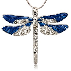 Royal Blue Alloy Enamel Dragonfly Big Pendants, with Crystal Rhinestone, Platinum, Royal Blue, 57x64x5mm, Hole: 2mm