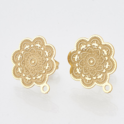 Golden 304 Stainless Steel Stud Earring Findings, with Loop, Flower, Golden, 17.5x15mm, Hole: 1mm, pin: 0.7mm