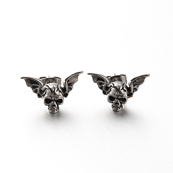 Antique Silver Retro 304 Stainless Steel Skull with Wing Ear Studs, Hypoallergenic Earrings, Antique Silver, 11x17.5mm, pin: 0.8mm.