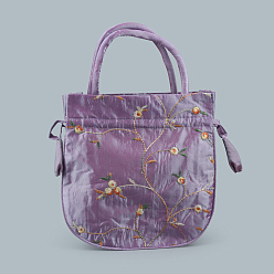 Medium Purple Retro Rectangle Cloth Drawstring Women Wristlets, with Handles, Embroidery Flower Pattern, Medium Purple, 21x20x6cm