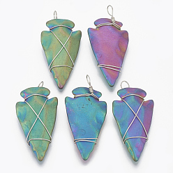 Multi-color Plated Electroplated Non-magnetic Synthetic Hematite Pendants, with Platinum Tone Brass Findings, Matte Style, Arrows, Multi-color Plated, 46~53.5x22~25x7~9.5mm, Hole: 5~6x3.5~5mm