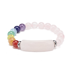 Quartz Rose Rectangle de quartz rose naturel et bracelet extensible perlé de pierres mélangées, bijoux de yoga chakra pour femmes, diamètre intérieur: 2-1/8 pouce (5.5 cm)
