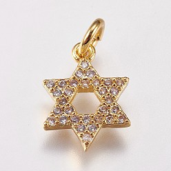 Golden Brass Micro Pave Cubic Zirconia Charms, for Jewish, Star of David, Golden, 13.5x10x2mm, Hole: 3mm