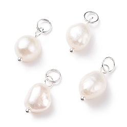 Silver Grade B Natural Cultured Freshwater Pearl Charms, with 304 Stainless Steel Jump Rings, Polished Rice, Silver, 13.5~15x7~7.5x5~6mm, Hole: 3.6mm