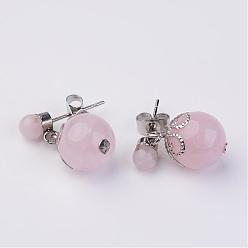 Quartz Rose Ballants rose naturel boucles d'oreille en quartz, avec les accessoires en métal, platine, 20mm, pin: 0.7 mm