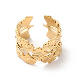 Oro Chapado en iones (ip) 304 anillo de puño abierto de hoja de ginkgo de acero inoxidable para mujer, dorado, diámetro interior: 18 mm
