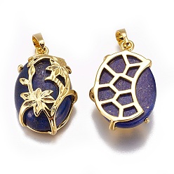 Lapis Lazuli Natural Lapis Lazuli Pendants, with Golden Tone Brass Findings, Oval with Flower, 32x20x9mm, Hole: 5x8mm