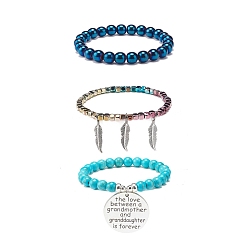 Turquoise Synthétique 3 pcs 3 ensemble de bracelets extensibles en turquoise synthétique (teints) et hématite, forme de plume et mot l'amour entre une grand-mère et sa petite-fille est pour toujours bracelets à breloques pour femmes, diamètre intérieur: 2-1/8~2-1/4 pouce (5.35~5.8 cm), 1 pc / style