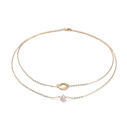 Golden Double Layer Necklaces, with Natural Pearl Beads, 304 Stainless Steel Ring Links, Brass Cable Chains and Lobster Claw Clasps, Golden, 16.34 inch(41.5cm)