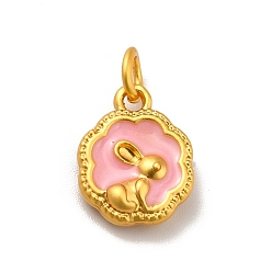 Pink Rack Plating Alloy Enamel Pendants, Cadmium Free & Lead Free, with Jump Ring, Matte Gold Color, Flower with Rabbit, Pink, 14x11x3.5mm, Jump Ring: 5.6x1mm, Inner Diameter: 3.6mm