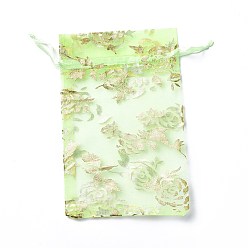 Pale Green Organza Drawstring Jewelry Pouches, Wedding Party Gift Bags, Rectangle with Gold Stamping Rose Pattern, Pale Green, 15x10x0.11cm