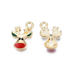 Red Rack Plating Alloy Enamel Pendants, Cadmium Free & Nickel Free & Lead Free, Light Gold, Christmas Reindeer/Stag, Red, 16.5x12x3mm, Hole: 2mm