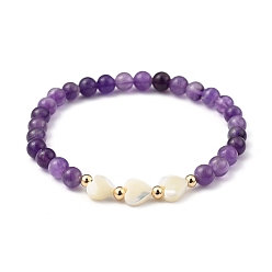 Amethyst Stretch Beaded Bracelets, with Heart Natural Trochid Shell Beads, Round Natural Amethyst Beads and Golden Plated Brass Beads, Inner Diameter: 2-1/8 inch(5.5cm)