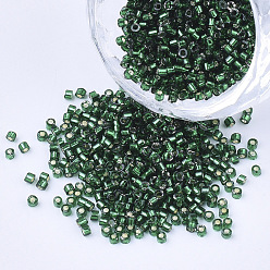 Dark Green Glass Cylinder Beads, Seed Beads, Silver Lined, Round Hole, Dark Green, 1.5~2x1~2mm, Hole: 0.8mm, about 8000pcs/bag, about 85~95g/bag