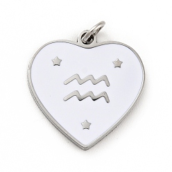 Aquarius 304 Stainless Steel Pendants, with Jump Rings and Enamel, Heart, Stainless Steel Color, Aquarius, 15x15x1.5mm, Hole: 2.8mm