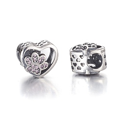 Pink Hollow Antique Silver Plated 925 Sterling Silver European Beads, Large Hole Beads, with Cubic Zirconia, with 925 Stamp, Heart with Dog Paw Prints, Pink, 10x11.5x9mm, Hole: 4.5mm