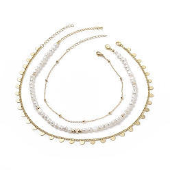 Oro 3 piezas 3 conjunto de collares de cadena satélite de latón estilo, Collares apilables con cuentas de perlas naturales y colgantes de corazón para mujer., dorado, 13.74~18.03 pulgada (34.9~45.8 cm), 1 pc / estilo