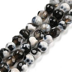 Noir Brins de perles d'agate craquelée de feu naturel teint, ronde à facettes, noir, 4mm, Trou: 0.8mm, Environ 94~95 pcs/chapelet, 14.37~14.57 pouce (36.5~37 cm)