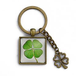 Antique Bronze Luminous Alloy Glass Keychain, with Key Rings, Square with Clover, Antique Bronze, 2.8x2.8cm, Ring: 30mm
