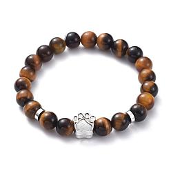Tiger Eye Natural Tiger Eye Beads Stretch Bracelets, with Zinc Alloy European Beads and Brass Spacer Beads, Dog Paw Prints, 2-1/8 inch(55mm)