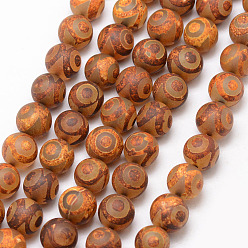 3-Eye Tibetan Style 3-Eye dZi Beads, Natural Agate Bead Strands, Round, Matte Style, Dyed & Heated, Peru, 10mm, Hole: 1mm, about 18pcs/strand, 7.5 inch
