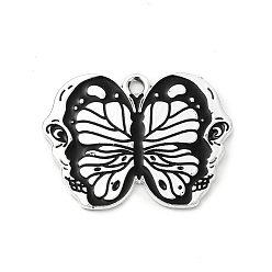 Black Halloween Alloy Enamel Pendants, Butterfly with Skull Charm, Platinum, Black, 20.5x28x1mm, Hole: 2mm