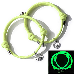 Green Yellow 2Pcs Magnetic Round & Mountain Alloy Charms Bracelets Set, Luminous Nylon Cord Adjustable Couple Matching Bracleets for Best Friends Lovers, Green Yellow, Inner Diameter: 2-1/2~4-7/8 inch(6.5~12.5cm)