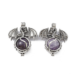 Amethyst Natural Amethyst Pendants, Dragon Charms, with Rack Plating Antique Silver Plated Brass Findings, Cadmium Free & Lead Free, 47x37x19mm, Hole: 4mm