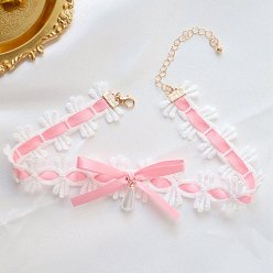 Hot Pink Cloth Bowknot Choker Necklaces, with Imitation Pearl Beads, Hot Pink, 11.81 inch(30cm)