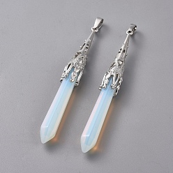 Opalite Opalite Big Pendants, with Brass Finding, Bullet, Platinum, 75~80x10~10.5mm, Hole: 5x7mm