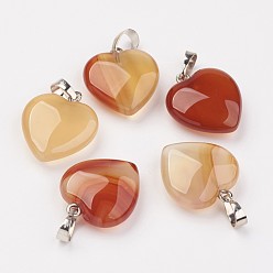 Carnelian Natural Carnelian Pendants, Dyed, Heart, with Brass Findings, Platinum, 22~23x19.5~20.5x6~7.5mm, Hole: 5x7~8mm