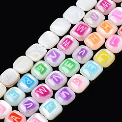 Mixed Color Natural Freshwater Shell Enamel Beads, Square with Alphabet, Mixed Color, 9.5~10.5x9.5~10.5x3~4mm, Hole: 0.7mm, about 37pcs/strand, 14.25 inch~14.45 inch(36.2~36.7cm)