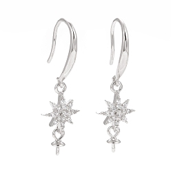 Platinum Rhodium Plated 925 Sterling Silver Earring Hooks, with Clear Cubic Zirconia, Star, for Half Drilled Beads, Platinum, 29mm, 21 Gauge, Pin: 0.7mm and 0.6mm, Tray: 6x3mm