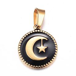 Black 304 Stainless Steel Enamel Pendants, Flat Round with Moon and Star, Golden, Black, 19x16x2mm, Hole: 4x6mm