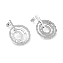 Stainless Steel Color Rhinestone Multi-Ring Dangle Stud Earrings, 304 Stainless Steel Jewelry for Women, Stainless Steel Color, 31x23.5mm, Pin: 0.7mm