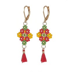 Colorful Glass Seed Braided Rhombus with Cotton Tassel Dangle Leverback Earrings, Golden 304 Stainless Steel Long Drop Earrings for Women, Colorful, 51mm, Pin: 0.8mm