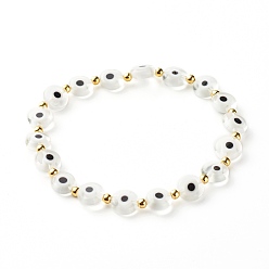 Blanc Bracelet extensible fait à la main de perles de chalumeau de mauvais œil, 304 bracelet de perles en acier inoxydable, blanc, diamètre intérieur: 2 pouce (5.15 cm)