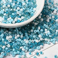 Light Sky Blue Opaque & Transparent Inside Colours Glass Seed Beads, Round Hole, Round, Mixed Color, Light Sky Blue, 3x1.5~2.5mm, Hole: 0.8mm, about 450g/bag