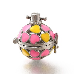 Hot Pink Alloy Enamel Bead Cage Pendants, Hollow Heart Charm, for Chime Ball Pendant Necklaces Making, Platinum, Hot Pink, 34mm, Hole: 6x3mm, Bead Cage: 26x25x21mm, 18mm Inner Size