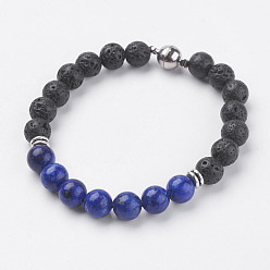 Lapis Lazuli Bracelets de perles de pierre de lave naturelle, de lapis lazuli naturelles, fermoir magnétique et découverte d'alliage, 7-5/8 pouces (195 mm)