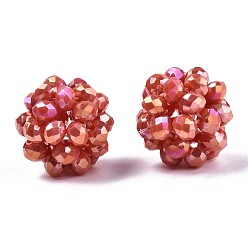 Cerise Galvanoplastie perles tissées rondes en verre opaque, perles de cluster, de couleur plaquée ab , facette, cerise, 12~13mm, Trou: 1.5mm, perles: 3.5x2.5 mm