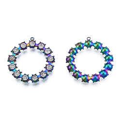Rainbow Color Pendentifs en acier inoxydable, avec strass cristal, anneau, couleur arc en ciel, 304mm, Trou: 30x28x4mm