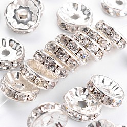 Crystal Brass Rhinestone Spacer Beads, Grade A, Straight Flange, Silver Color Plated, Rondelle, Crystal, 10x4mm, Hole: 2mm