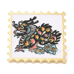 Negro Rectángulo ondulado con alfileres de esmalte de dragón, broche de aleación con baño de oro claro, insignia del signo del zodíaco de estilo chino, negro, 30x30x1.5 mm