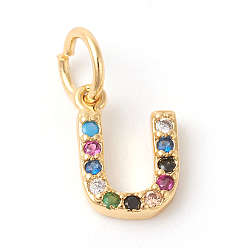 Letter U Brass Micro Pave Colorful Cubic Zirconia Charms, Golden, Letter.U, 8.5x6x2mm, Hole: 3mm