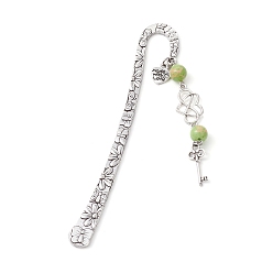 Mashan Jade Mother's Day Key & Infinity Love Heart Pendant Bookmark with Natural Mashan Jade, Flower Pattern Tibetan Style Alloy Hook Bookmarks, 124x21x3mm, Pendant: 74x8.5x8.5mm
