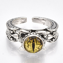 Yellow Alloy Cuff Finger Rings, with Glass, Wide Band Rings, Dragon Eye, Antique Silver, Yellow, US Size 8 1/2(18.5mm)